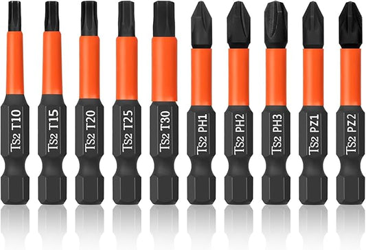 Pro Screwdriver Bit Set - 10 Piece (Torx T10/T15/T20/T25/T30, Phillips PH1/PH2/PH3, Pozi PZ1/PZ2), 50mm, 1/4" Hex Shaft, Storage Box