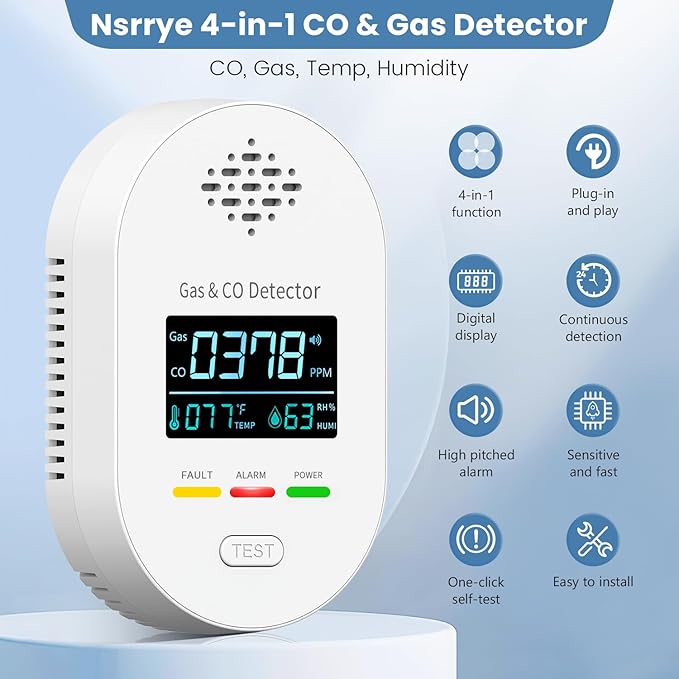 3-Pack Carbon Monoxide Detectors | Plug-in CO and Natural Gas Detector, 4-in-1 Gas & CO Detection with Temperature and Humidity Display for Home & Travel Safety