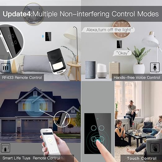 MOES 2.4GHz WiFi Wall Touch Smart Switch Neutral Wire Required, 3 Way Multi-Control, Glass Panel Light Switch Work with Smart Life/Tuya App, RF433 Remote Control, Alexa and Google Home Black 4 Gang