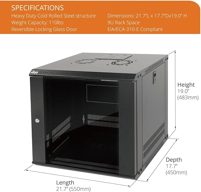 Tecmojo 9U Wall Mount Server Cabinet IT Network Rack Enclosure Lockable Door and Side Panels Black,Cooling Fan, Glass Door, 17.7inch Depth,for 19” IT Equipment, A/V Devices