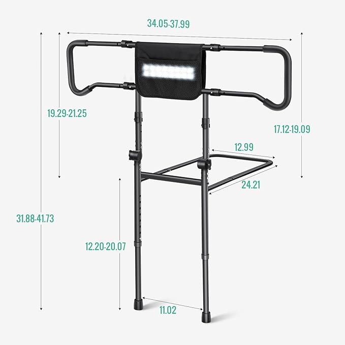 Bed Rails for Elderly Adults Safety with Motion Sensor Light - Adjustable Height Bed Assist Rail w/Storage Pocket, Support Handles Guard Rail for Seniors, King Queen Full Twin Bed