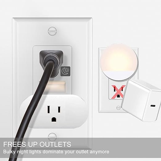SOZULAMP LED Night Light Outlet-Easy to Install,Nightlight Electrical Outlets,Standard Duplex Receptacle,15A 125V,2 Pole 3 Wire,Self Grounding,Outlet Covers Included (Glossy White,2 Pack)