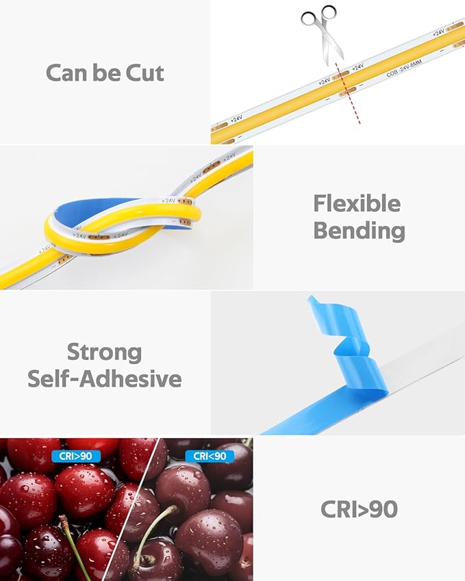 24V COB Led Light Strip 3000K 100FT Bluetooth Dimmable Flexible COB LED Strip Tape Light with Remote for Bedroom Warm White CRI90+ 480LED/M Hight Density Super Bright for Home Lighting 30M/2roll