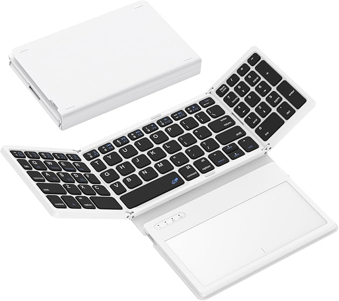 Foldable Bluetooth Keyboard, Portable Full Size Folding Keyboard with Large Touchpad, Numeric Keypad, PU Leather, Wireless TravelKeyboard for Windows iOS Android Mac(Black-White)
