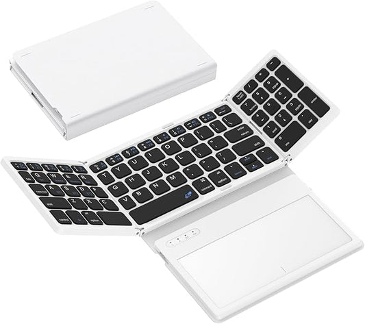 Foldable Bluetooth Keyboard, Portable Full Size Folding Keyboard with Large Touchpad, Numeric Keypad, PU Leather, Wireless TravelKeyboard for Windows iOS Android Mac(Black-White)