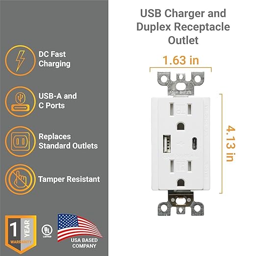 Diodesy- USB Outlet and Duplex Tamper Resistant Receptacle Plug 15 Amp Electrical Outlet with Wall Plate Cover Fast Charging Power Dual Type A & C Ports for Phones Tablets Laptops UL Listed Pack of 4