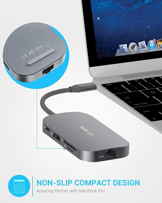 USB C Hub, 9-in-1 Type C Hub with Ethernet Port, 4K USB C to HDMI, 2 USB 3.0 Ports,1 USB 2.0 Port, USB-C Power Delivery, Portable for Mac Pro and Other Type C Laptops