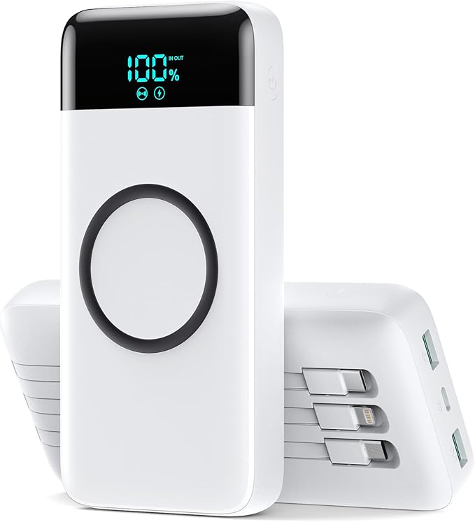 Wireless Portable Charger 40800mAh with 3 Built-in Cables,7-in-1 15W Wireless Charging Power Bank,25W PD QC 4.0 Fast Charging USB C LCD Display Battery Pack for iPhone 16/15/13,Samsung,Android-White