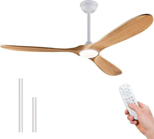 60'' Modern Ceiling Fans with Lights and Remote,3 Blade Wood Fan,6 Speed DC Motor Outdoor Indoor White Ceiling Fan for Patio,Living Room,Bedroom
