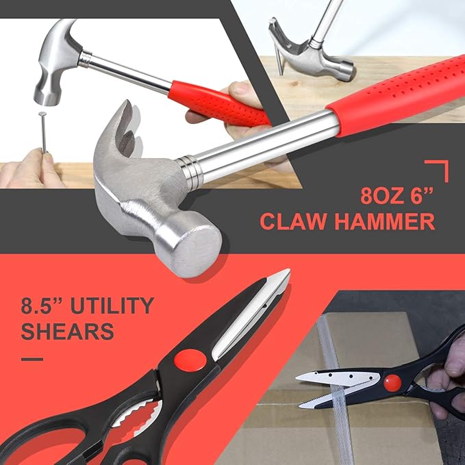 DNA MOTORING 39-Piece Household Tool Set General Repair Small Hand Tool Kit Storage Case for Home Garage Office College Dormitory Use, Red, TOOLS-00006