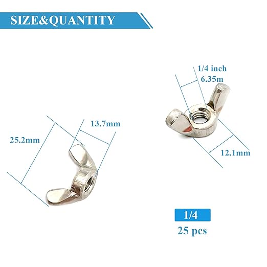 25 Pcs 1/4"-20 Wingnuts 304 Stainless Steel Wing Nuts Fasteners Parts Butterfly Nut, Hand Twist Tighten Hardware Nuts Butterfly Wing-Nut