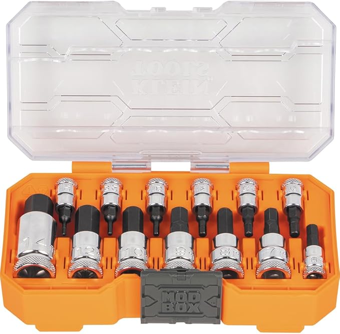 Klein Tools 65213HEXM Knurled Hex Bit Metric Socket Set, 1/4, 3/8 and 1/2-Inch Drives, Premium Cr-V Steel, Metric Sizes 2 mm to 14 mm, MODbox Case, 13-Piece