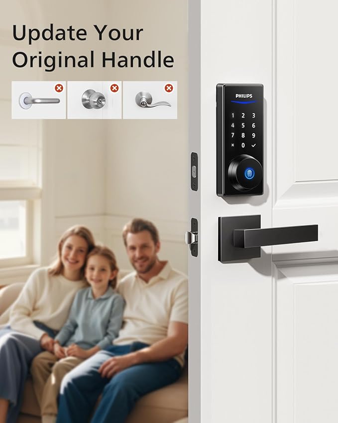Philips Front Door Lock Set, Electronic Fingerprint Lock with 2 Lever Handles, Keyless Entry Door Lock with Handles, Auto Locking, Fingerprint Unlock, Touchscreen Keypad with Key