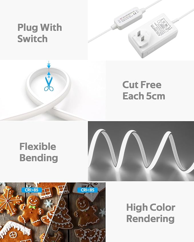 Daylight White LED Strip Lights 16.4FT 24V Waterproof COB LED Strip Kit with Remote Dimmable Flexible LED Tape Light 6000K Uniform Glow 320LEDs/M for Indoor Decor (Adapter are Included)