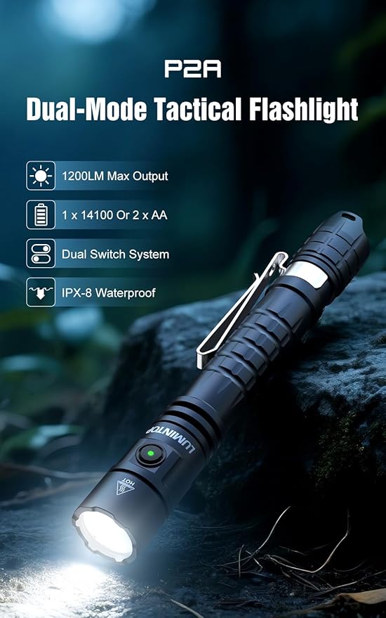 P2A Compact Dual-Mode Tactical Flashlight, 1200 Lumens Turbo Mode with 330m Beam Distance, USB-C Rechargeable 2xBattery, IP68 Waterproof, Pen-Shaped Design with Pocket Clip