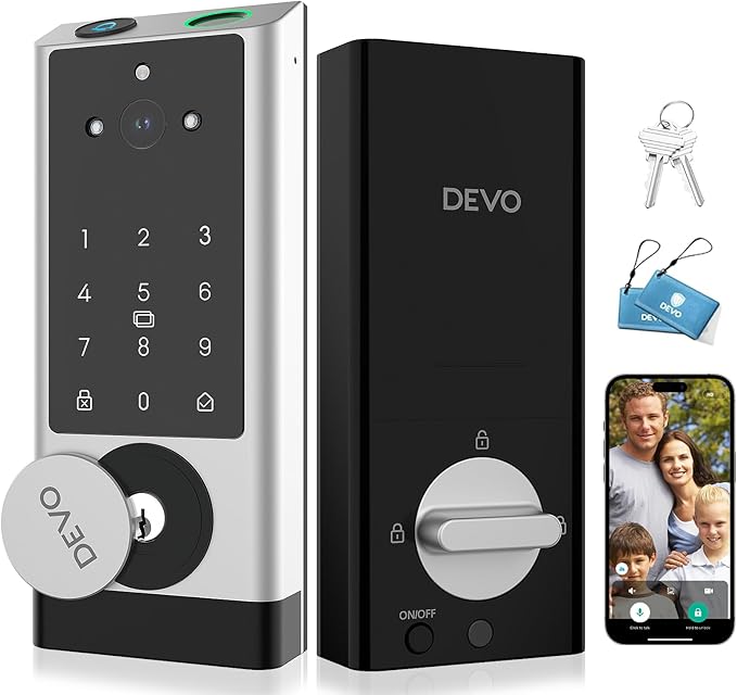 DEVO G1 Video Smart Lock with Camera & Doorbell, 6-in-1 Keyless Entry Door Lock with Fingerprint, App Remote, Auto Locks, Built-in Wi-Fi Smart Deadbolt for Front Door(Silver)