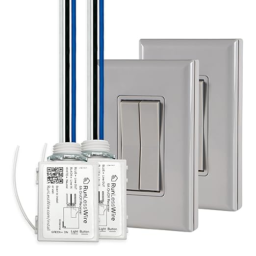 RunLessWire 3-Way Fan & Light Battery-Free DIY Kinetic Wireless Light Switch Kit for Bathrooms & Ceiling Fans: 2 Dual Remote Switches, Both Control 2 5A On/Off Receivers Separately – Gray