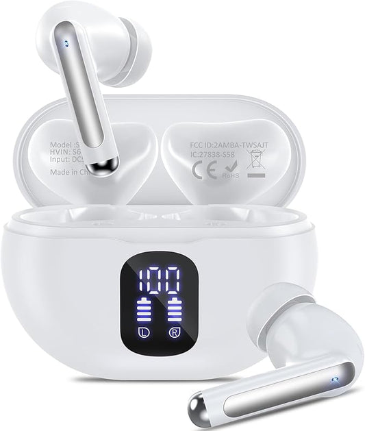 Bluetooth Headphones True Wireless Earbuds 50H Playback LED Power Display Earphones with Wireless Charging Case IPX7 Waterproof in-Ear Ear buds with Mic for Smart Phone Computer Sports, White