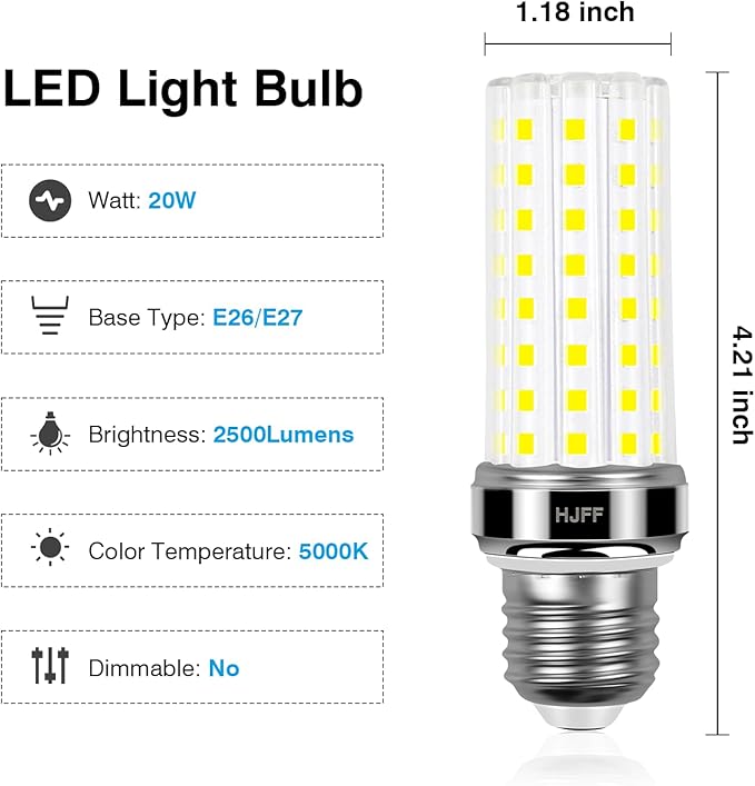 4pcs LED Light Bulb 200w Equivalent 2500 Lumen 6000K Cool Daylight White 20W E26/E27 Base Non-dimmable Ceiling Fan Led Light Bulb for Home Garage Warehouse Indoor Outdoor Led Corn Bulb