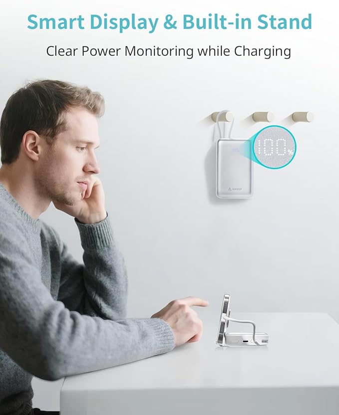 Portable Charger, 10000mAh 30W PD Fast Charging Power Bank with USB C Cable, Travel Essential Portable Battery with Phone Stand, for iPhone 16/15/14/13, iPad, AirPods, Galaxy