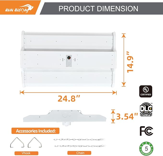 2FT LED Linear High Bay Fixture with Motion Sensor, 155W LED Shop Light, 20,925lm 135LM/W, 120-277V, 5000K Daylight Linear Hanging Light, UL&DLC Listed - 1PK