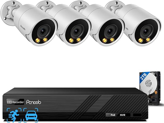 Security Camera System PoE, 4X 4MP Wired Bullet IP Cameras Outdoor Built-in Microphone, AI Human Vehicle Detection, 5MP 8CH NVR with 2TB HDD, Smart Color Night Vision, PB38F0408-4MD