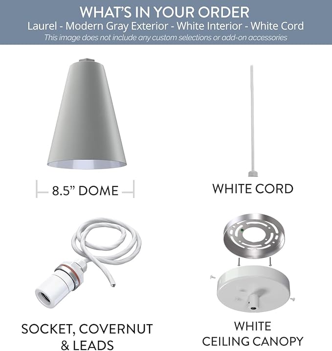 Steel Lighting Co. Laurel Pendant Light | Ceiling Mounted | 8.5 inch Cone Shade | Modern Contemporary Farmhouse Style Made in America | White Cord | Modern Gray Exterior/White Interior