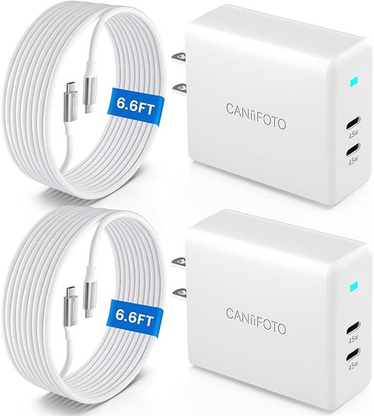 2Port 45W Super Fast Charger Type C, 2Pack 45W USB-C Charger Fast Charging for Samsung Galaxy S24 Ultra/S24+/S24/S23 Ultra/S23+/S22/S20/Note10+ with 2X 6.6ft Type C Cord (White)