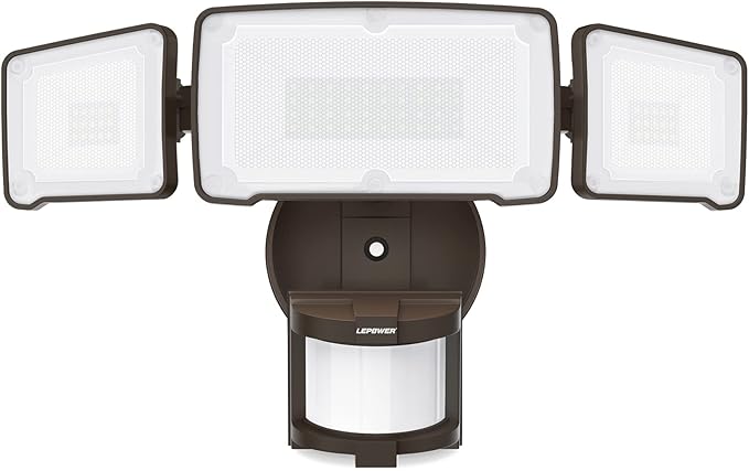 LEPOWER LED Security Light Motion Sensor Light Outdoor, 38W 4200LM Motion Security Light, 5500K, IP65 Waterproof, 3 Head Motion Detected Flood Light for Garage, Yard, Porch (Brown)