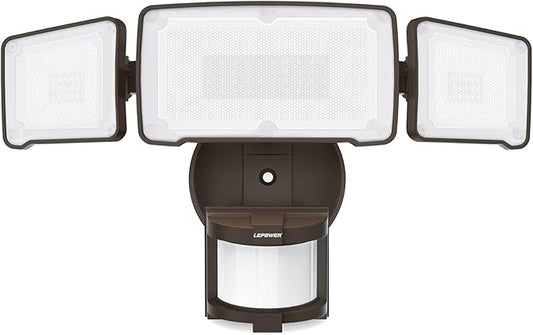 LEPOWER LED Security Light Motion Sensor Light Outdoor, 38W 4200LM Motion Security Light, 5500K, IP65 Waterproof, 3 Head Motion Detected Flood Light for Garage, Yard, Porch (Brown)