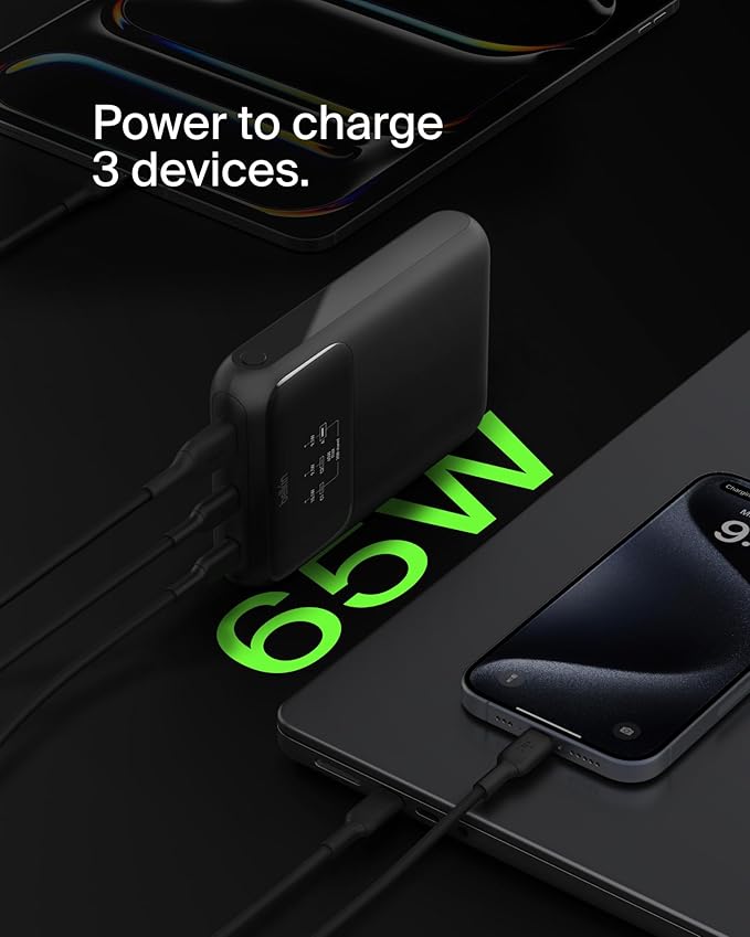 Belkin Portable Charger, 3-Port Laptop Power Bank 20000 mAh - USB-C & USB-A Ports, 65W iPhone Charger Fast Charging - MacBook, Apple iPhone 16, iPad, Samsung Galaxy S25, Nintendo Switch 2, etc - Black