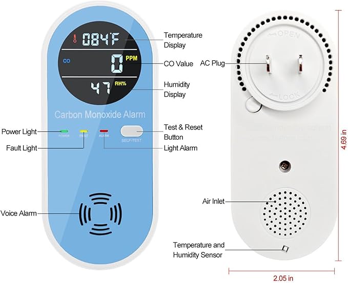 2 Packs Carbon Monoxide Detectors, 3in1 Carbon Monoxide Detector Plug in Wall, FLUNGSKY Travel Carbon Monoxide Detector with Temperature Humidity Display, Portable Carbon Monoxide Detectors for Home