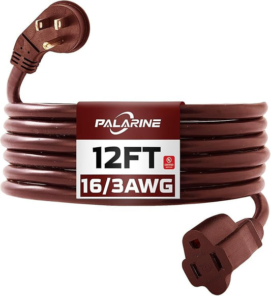 Indoor Flat Plug Brown Extension Cord 12ft, UL Listed, 16/3 SJTW 3 Prong Heavy Duty, 16 Gauge 13A Power Cord for Lights, Appliance, Home, Office