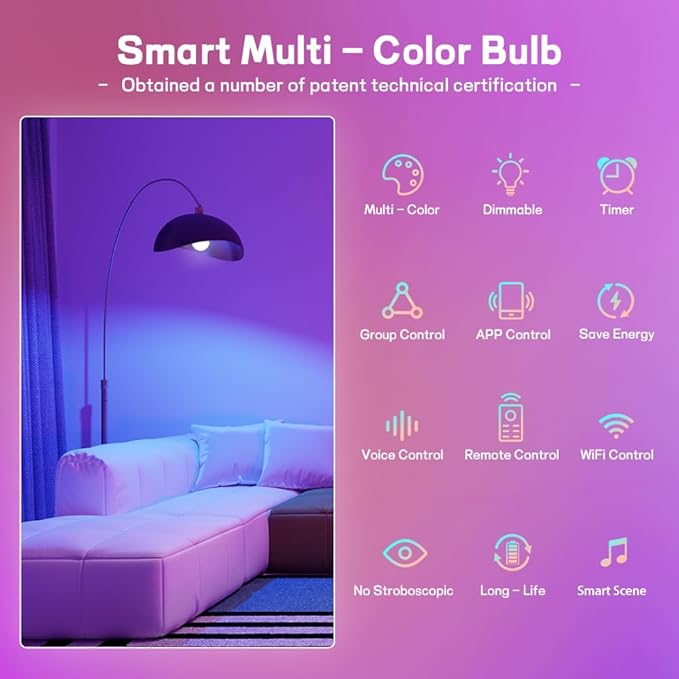 Smart Light Bulbs,Full Color Changing Dimmable LED Bulb,Compatible with Alexa and Google Assistant,UL FCC Certified,2.4GHz WiFi+Bluetooth LED Light Bulbs, Music Sync Smart Home Lighting (1)