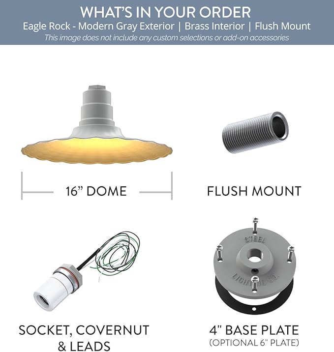 Steel Lighting Co. Eagle Rock Pendant | Ceiling Mounted Light | 16 inch Radial Wave | Flush Mount | Heavy Duty Steel Retro Farmhouse Style Made in America | Modern Gray Exterior/Brass Interior