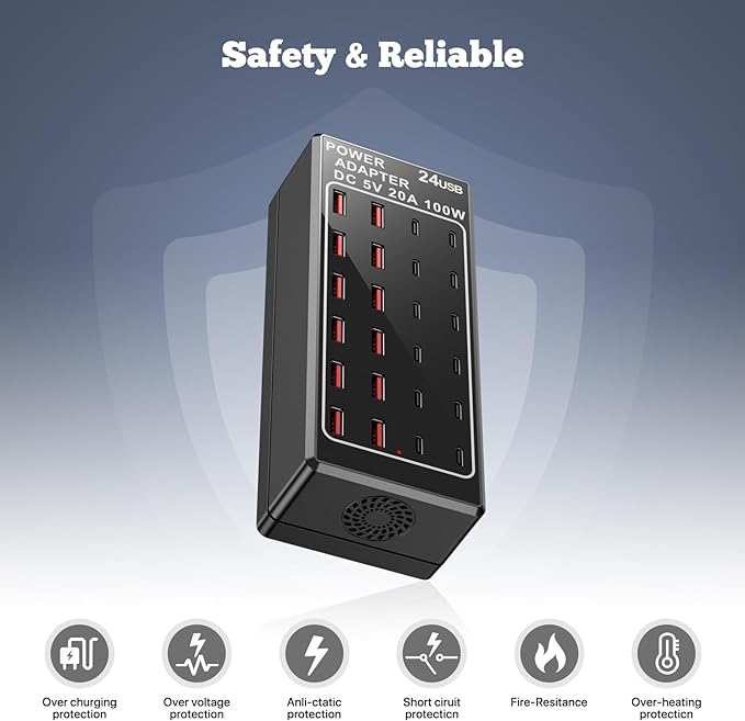 USB Charger Station, C Charging Block, 100W (20A) 24 Port Multiple USBCharger Desktop Wall Charger Hub 12 USB A 12 USB C Compatible for Apple iPhone, iPad, Samsung Galaxy, Laptop, Pixel, Phones