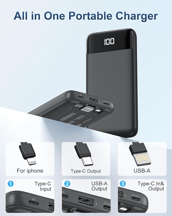 Portable Charger with Built-in Cables 10000mAh Power Bank with Cords, Slim Fast Charging Battery Pack, Travel Essential Portable Charger for iPhone 17/16/15/14/13 Series, Samsung Google Pixel iPad