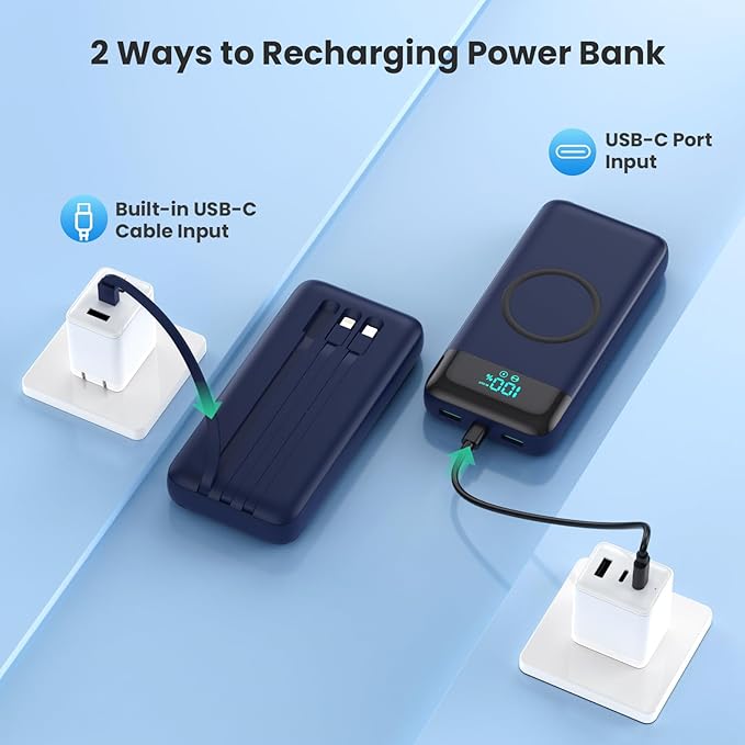 Wireless Portable Charger 40800mAh for iPhone with 3 Built-in Cables,7-in-1 15W Wireless Charging USB C Power Bank,LCD Display 25W PD QC 4.0 Fast Charging Battery Pack for iPhone 16/15/14 -Dark Blue