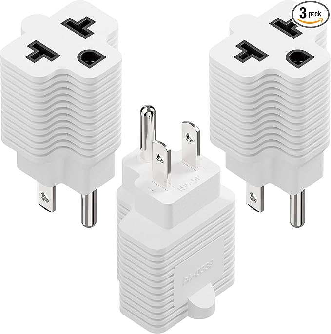 4-in-1 15 Amp to 20 Amp AC Adapter - 5-15P to 5-20R, 6-15R, 6-20R, 15A 125V to 20A 250V (White, 3 Pack)