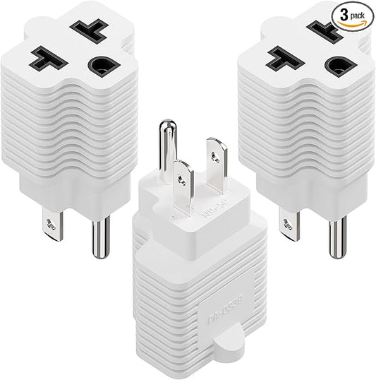 4-in-1 15 Amp to 20 Amp AC Adapter - 5-15P to 5-20R, 6-15R, 6-20R, 15A 125V to 20A 250V (White, 3 Pack)