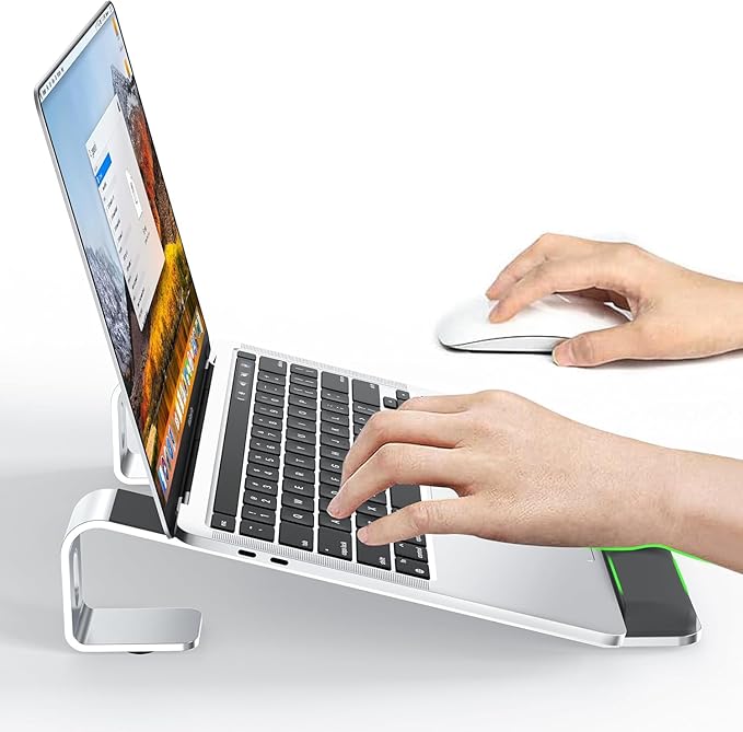 NTMY Laptop Stand for Desk with Wrist Rest Pad, Aluminum Computer Stand for Laptop, Ergonomic Laptop Stand Riser for MacBook/HP/Dell/Acer/Lenovo 10-17.3'' - Silver