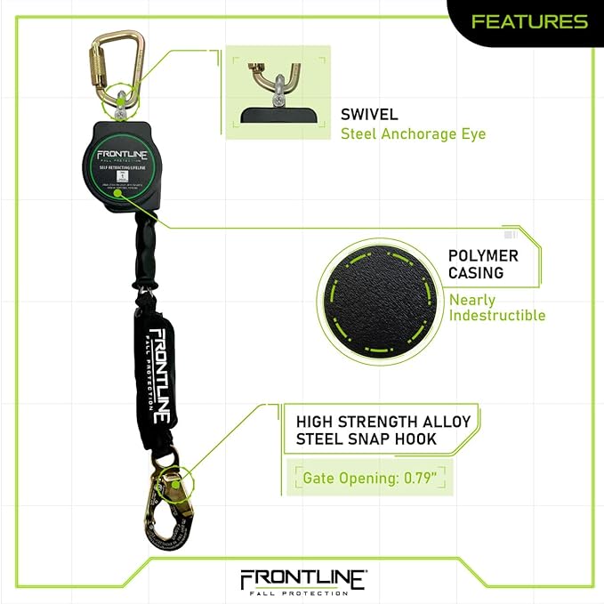 Frontline RPG10' Cable SRL with Steel Snap Hook End | 3/16" Galvanized Steel Cable | Lightweight, Durable | Swivel Anchorage Eye | 310 lbs Capacity | ANSI & OSHA Compliant (2 Pack)