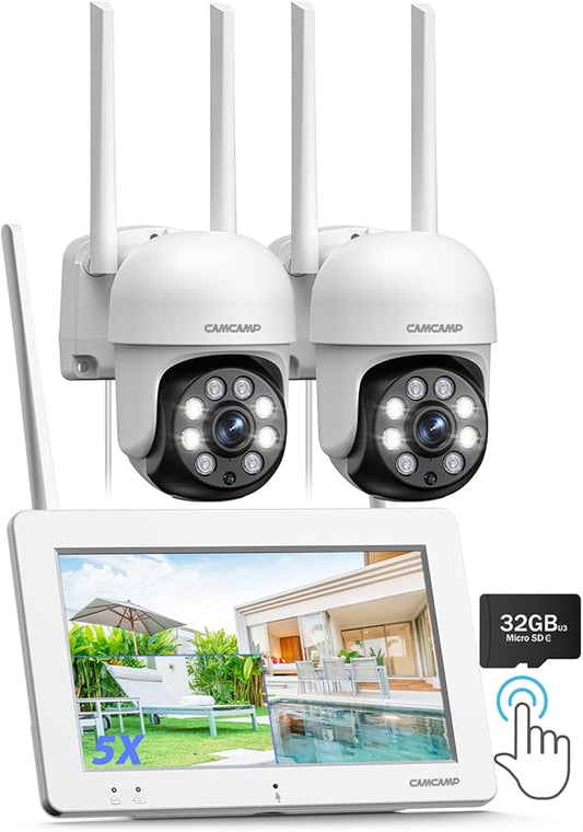 Camcamp Wireless Security Camera System with 7" Monitor, 3MP PTZ Outdoor Security Cameras, Plug-in-Play, 4CH NVR 32GB, No Monthly Fee, 24/7 Record, Color Night Vision, 2-Way Talk for Outside Indoor