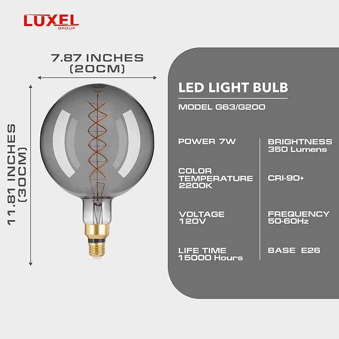 Oversized Edison LED Light Huge Bulb Vintage G63(G200) 7W Equivalent 40W - Dimmable 2200K Warm Glow - 350 Lumens E26 Base - Large Filament Decorative Bulbs - 360° Beam (Smoky Glass)