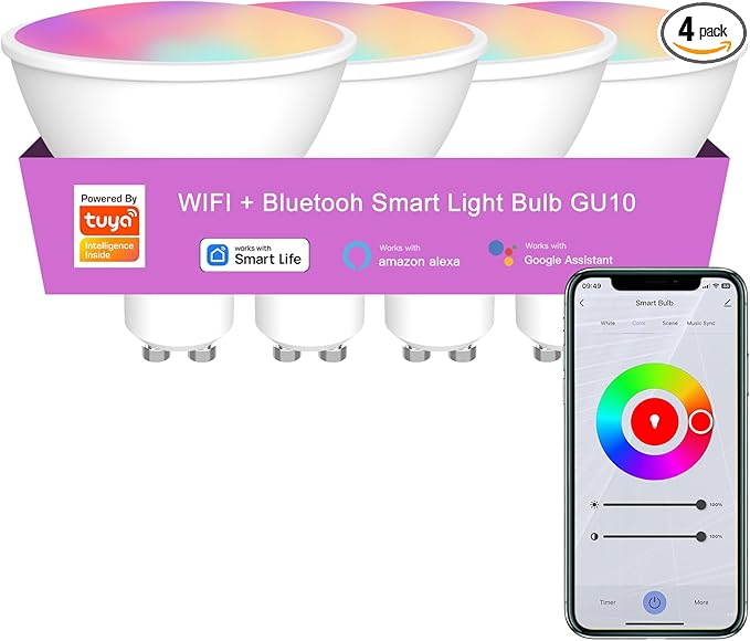Tuya Smart GU10 Light Bulb,WiFi(2.4G),300 Lumens Dimmable LED Light Bulbs, Color Changing & Tunable White (2700K-6500K), Works with Alexa, Google Home & Smart Life App, No Hub Required(4Pack)