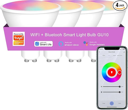 Tuya Smart GU10 Light Bulb,WiFi(2.4G),300 Lumens Dimmable LED Light Bulbs, Color Changing & Tunable White (2700K-6500K), Works with Alexa, Google Home & Smart Life App, No Hub Required(4Pack)
