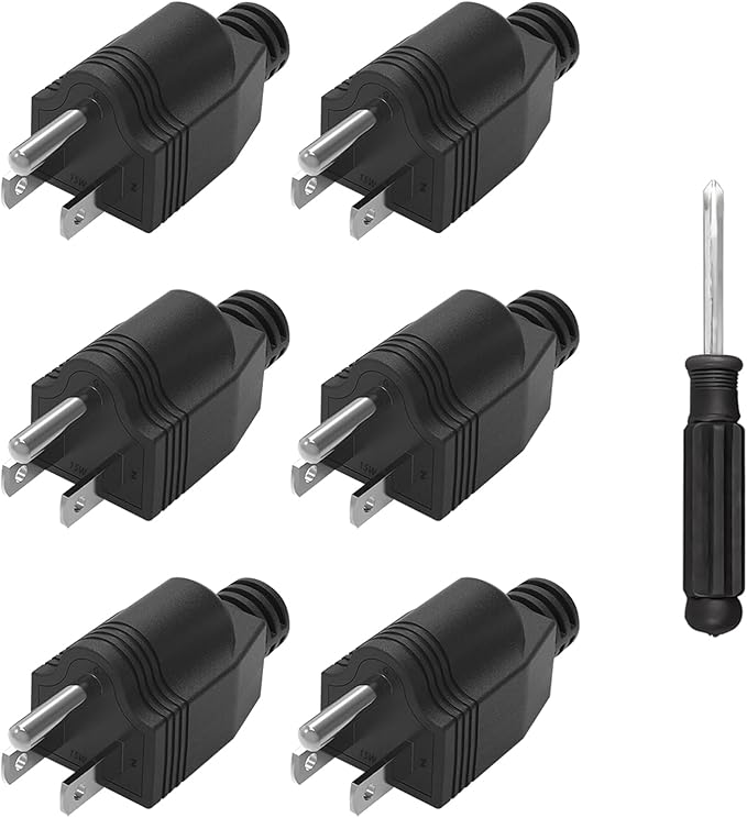 3 Prong Replacement Plug, 6 Pack Extension Cord Ends, Replacement Plugs 3 Prong with 1 Screwdriver, Neutral Ground Bonding Plugs, 3 Wire MalePlug, Power Plug Replacements, Black