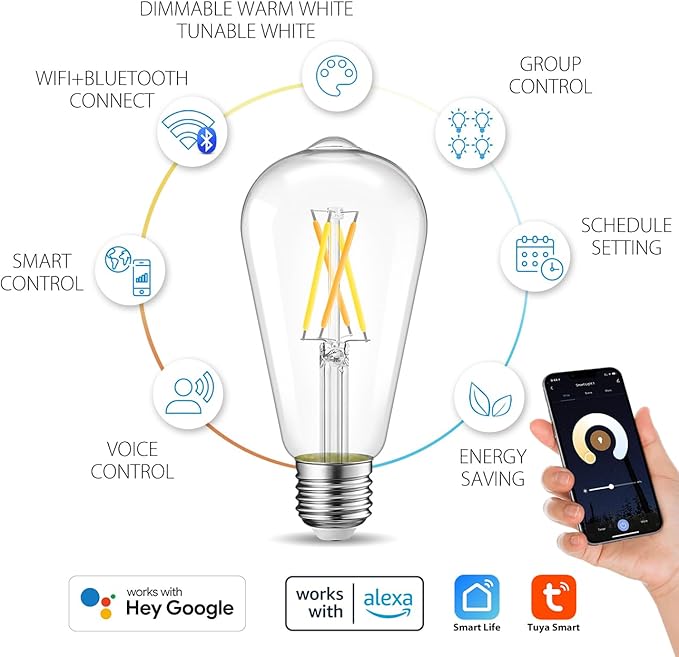 LVWIT WiFi Dimmable Vintage LED ST21 Edison Smart Bulb, 60 Watt Equivalent, E26 Base, 2700K - 6500K, Compatible with Alexa, Google Assistant, No Hub Required,4 Pack