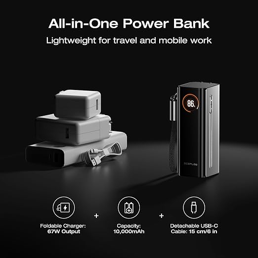 EF EcoFlow Rapid Pro 3-in-1 Power Bank, 10,000mAh Battery Pack with 67W Foldable AC Plug, Detachable USB-C Cable, 45W Fast Recharging, LCD Display, Compatible with Phones, Laptops, and More
