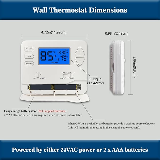Thermostat for Heat Pump,Programmable Thermostat for Home,Single-Stage Systems,2 Heat/1 Cool Heat Pump Or 1 Heat/1 Cool,Easy DIY Install,Blue Backlight